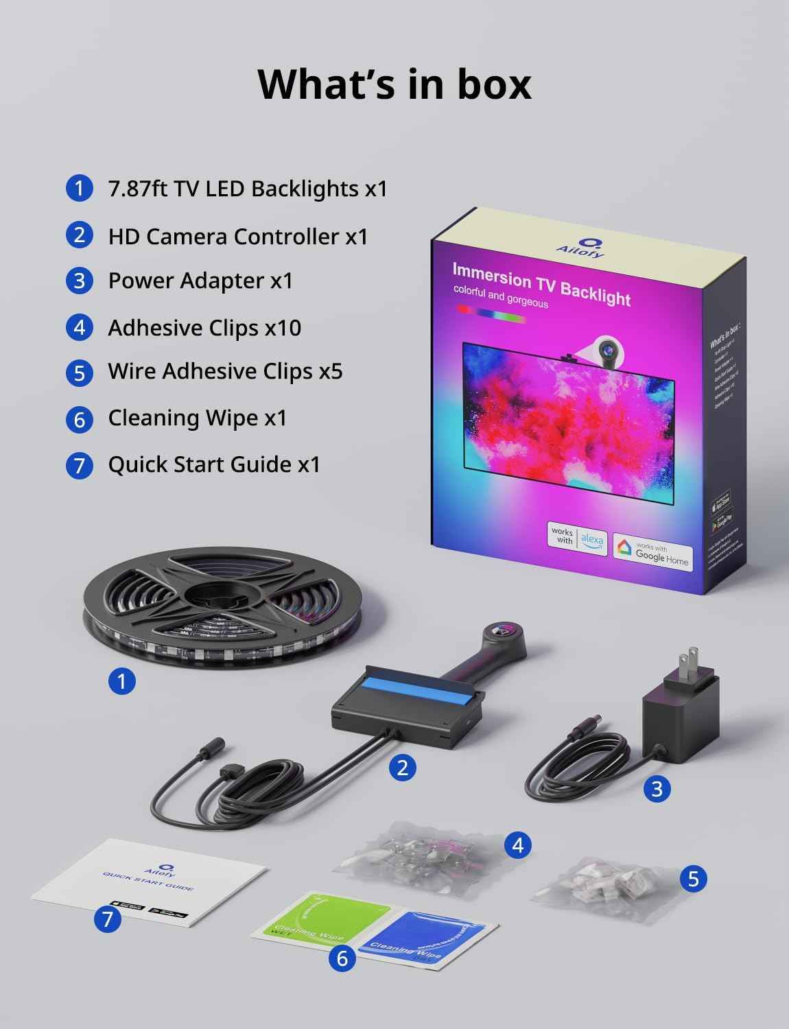Ailofy Smart TV LED Backlight with Camera for 40-50 inch Screens, 7.87ft LED Strip Lights Sync to Screen& Music, Color Changing Lights for TV Compatible with Alexa & Google Assistant, App Control