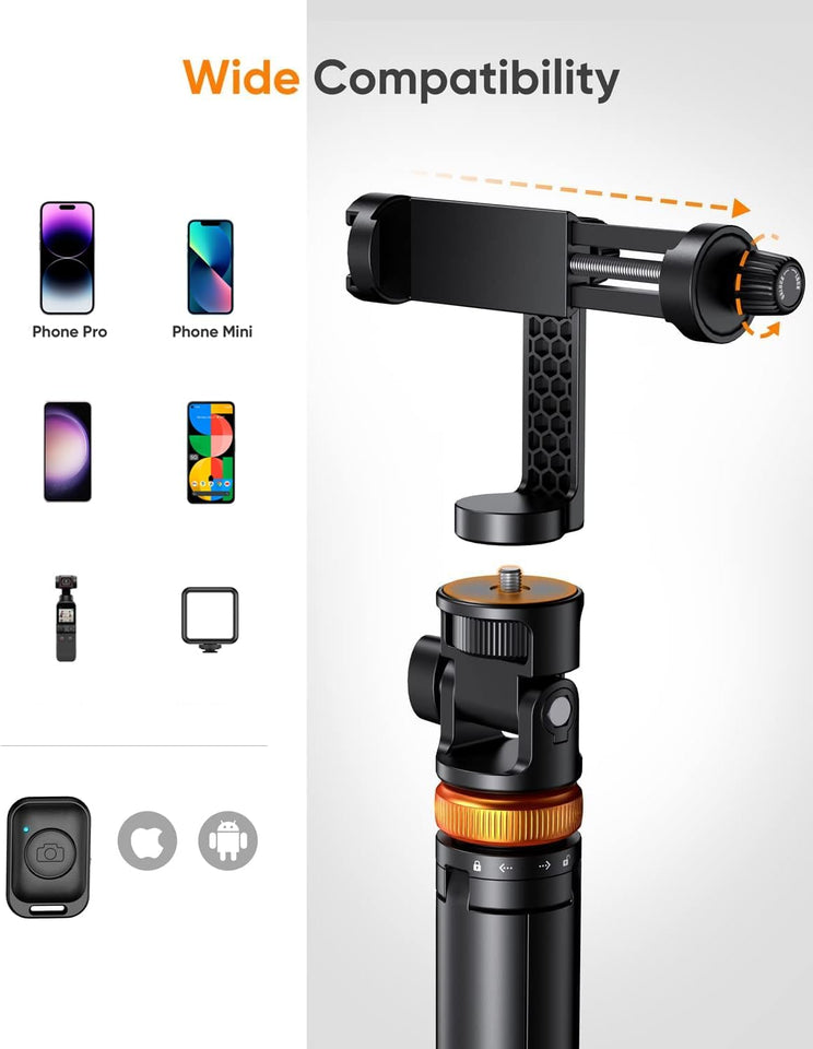 EUCOS 62" Phone Tripod, Tripod for iPhone & Selfie Stick with Remote, Extendable Cell Phone Stand & Ultimate Phone Holder, Solidest Phone Stand Compatible with iPhone/Android