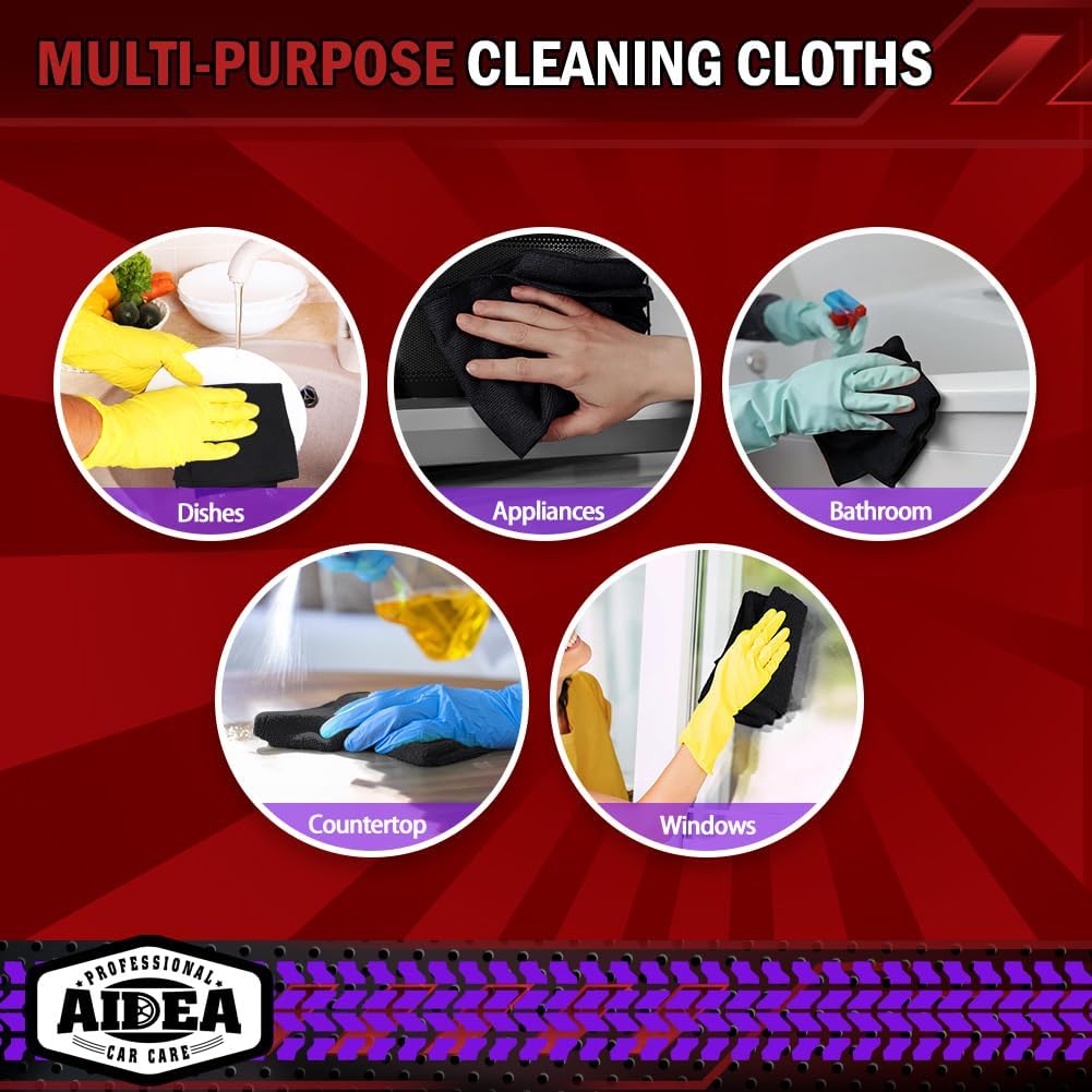 AIDEA Microfiber Cleaning Cloth 10PK, Black, 12x12, Microfiber Towels for Cars, Houses, and Kitchens