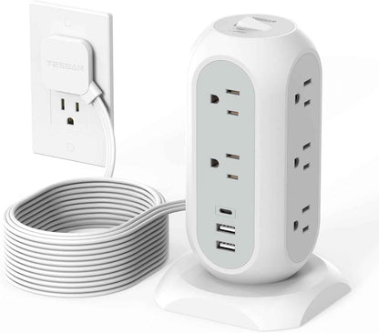 Tower Power Strip Flat Plug with 11 Outlets 3 USB (1 USB C), TESSAN Surge Protector Tower 1625W/13A,1050J Protection, 6 Feet Extension Cord with Multiple Outlets, Office Desk Supplies, Dorm Essentials