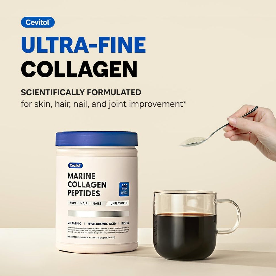 Marine Collagen Peptides - Hydrolyzed Ultra-fine Collagen Powder for Women & Men, Hyaluronic Acid, Biotin, Vitamin C, for Skin, Hair, Nails, Joints, Non-GMO, Unflavored, Easily Dissolved, 16oz