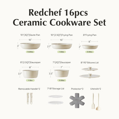 Redchef 16-piece ceramic non-stick cookware set, PFAS PFOA & PTFE free, RV camping, dishwasher oven safe