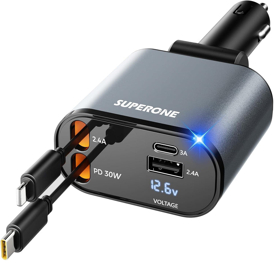 ‹ېUpgraded‹ÛÔ SUPERONE Retractable Car Charger 4 in 1, Fast Car Phone Charger with Cord 2.6ft, USB C and Apple Car Adapter, Compatible with iPhone 17 16 15/15 Pro Max/14/13/12/11, Galaxy, Pixel - PureLivingMart