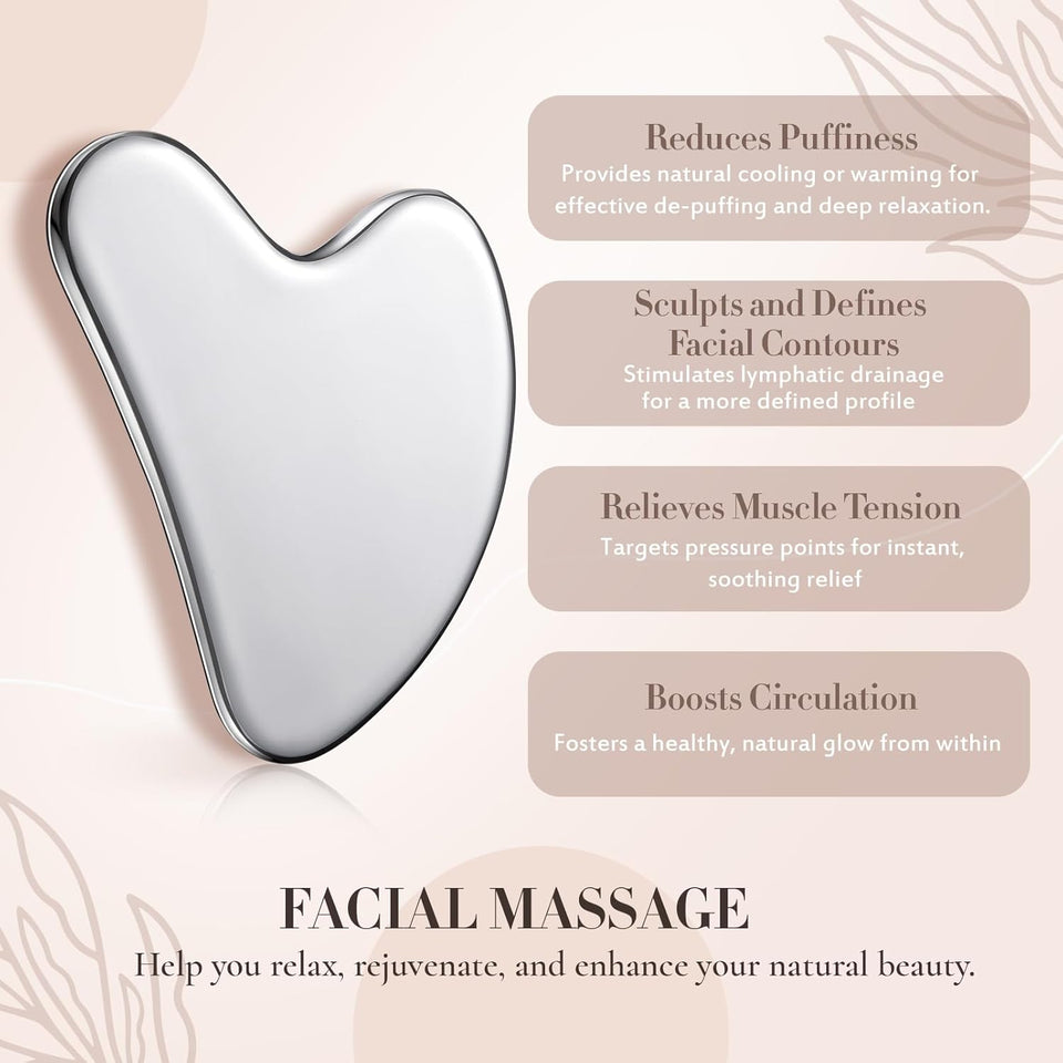 Nuanchu Stainless Steel Gua Sha Facial Tools Metal Guasha Tool for Face Body Jawline Shaper, Double Chin Reducer, Puffiness Reducing, Lymphatic Drainage Massager Skin Care Gift with Pouch(Silver)