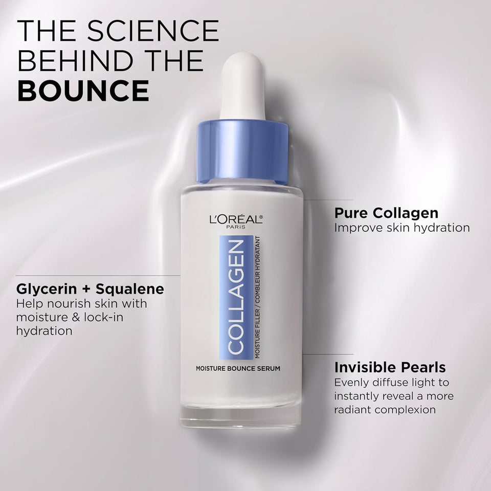 B00027DMSIL'Oreal Paris Collagen Moisture Filler Moisture Bounce Face Serum, Glow Serum with Collagen, Glycerin, and Squalane for Bouncy, Radiant, Hydrated Skin, Includes Sample