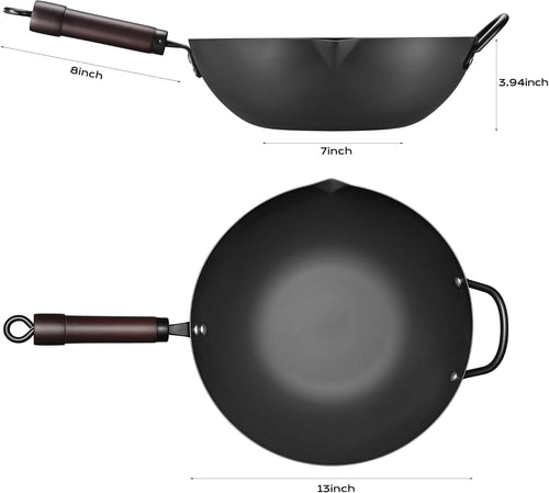 13 inch carbon steel wok nonstick stir-fry pan with lid pre-seasoned 5.8qt flat bottom
