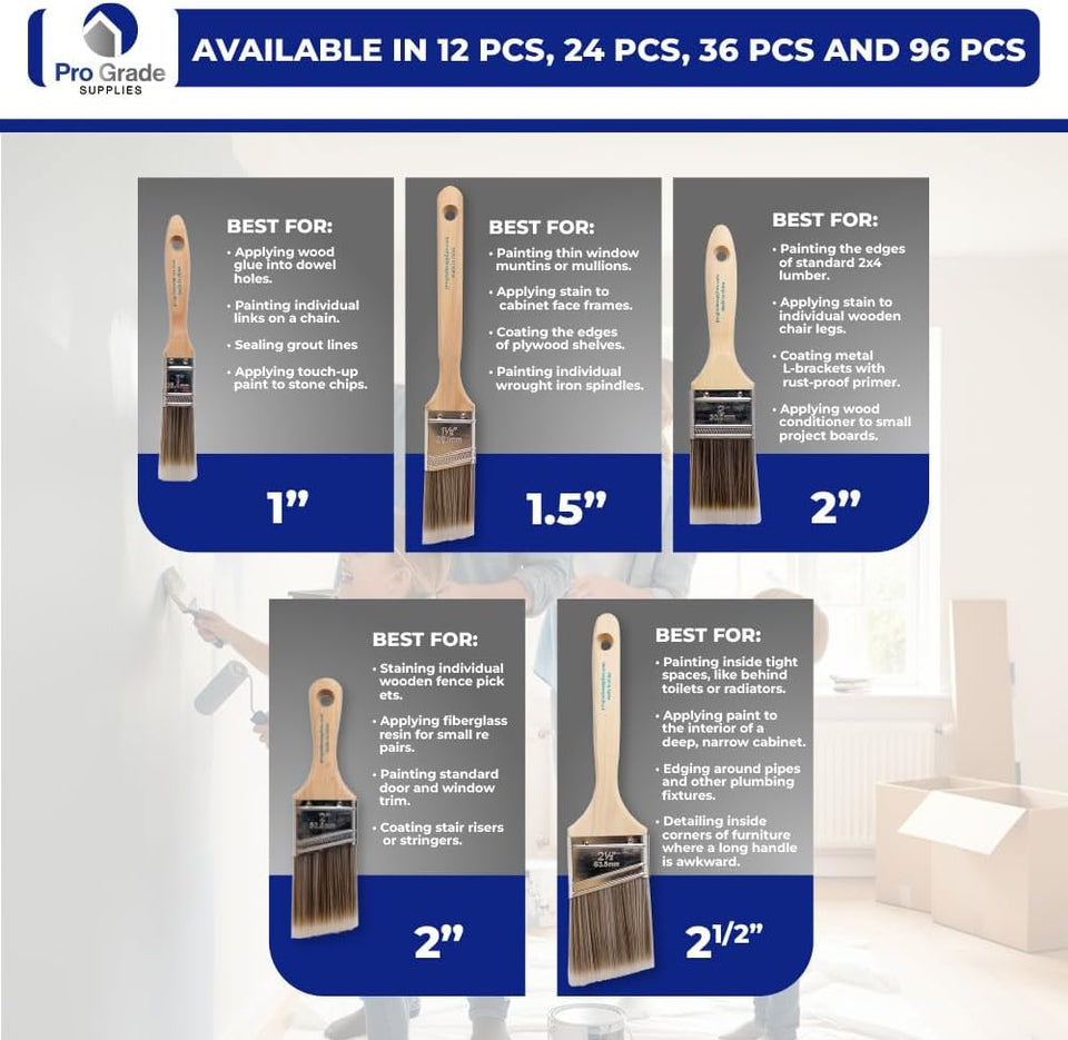 Pro Grade Paint Brushes, 5-Piece Paint Brush Set, Flat & Angle Brushes for Walls, Trim, Cabinets, Interior & Exterior Latex and Oil Paints, Stains