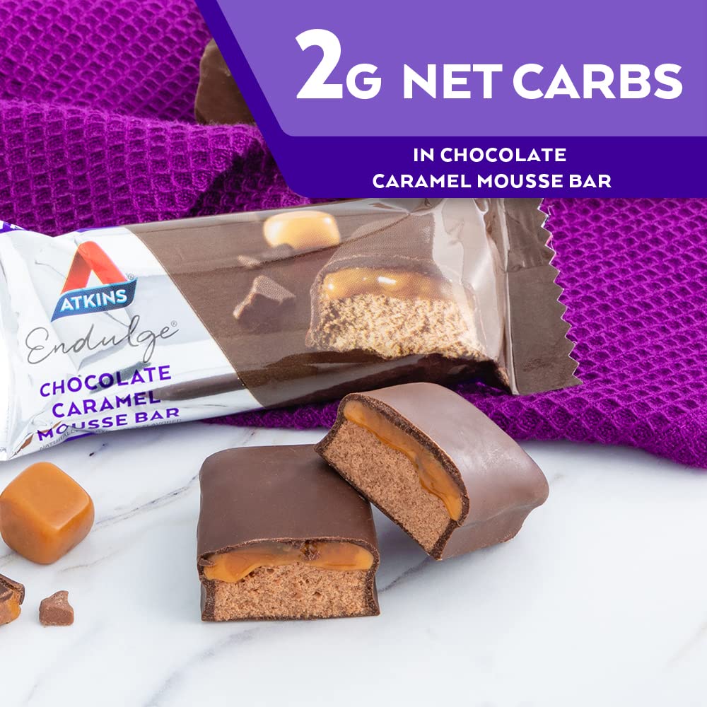 atkins endulge chocolate caramel mousse dessert bar, 5-count 1g sugar high in fiber