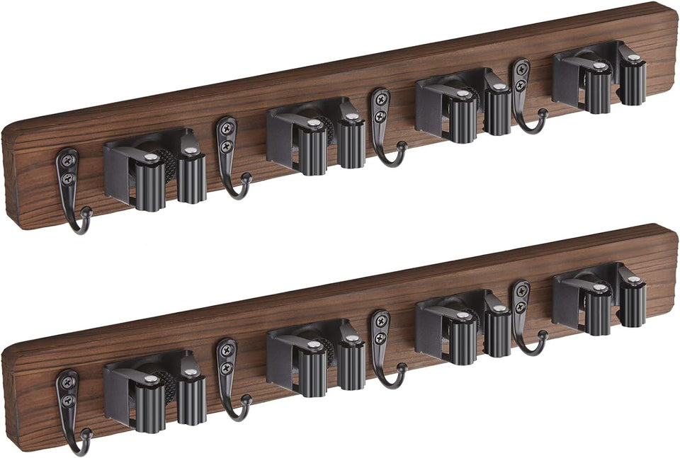 Mop and Broom Holder Wall Mount - Rustic Wood Broom Mop Hanger - Wall Mounted Garden Tool Rack Organizer for Closet Garage Laundry Room Kitchen Decor With 4 Slots & 4 Hooks - PureLivingMart