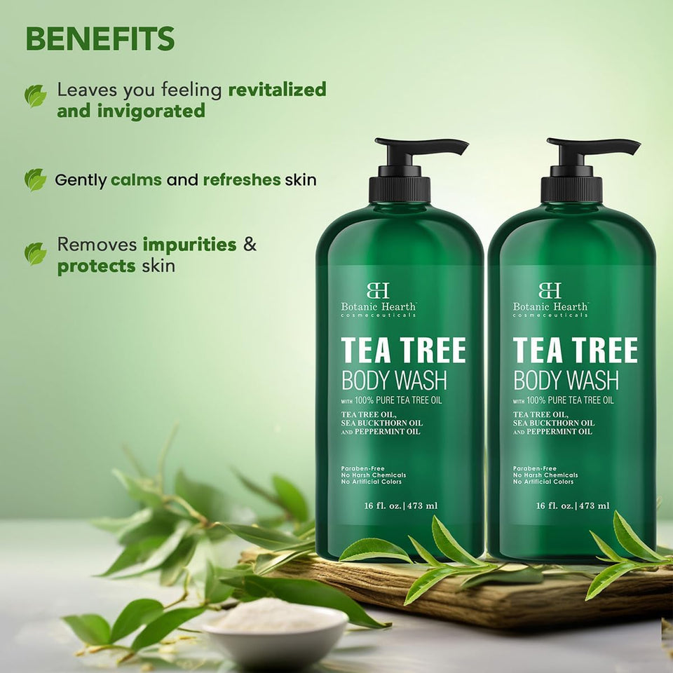 Botanic Hearth Tea Tree Body Wash 16 fl oz (2 Pack) Natural Antifungal & Odor Control Shower Gel for Acne, Athlete’s Foot, Ringworm, Jock Itch, Healthy Skin, Sulfate & Paraben Free, for Men & Women