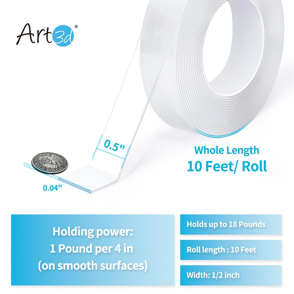 Art3d Double-Sided Mounting Tape (10FT), MultiPLrpose Removable Adhesive Foam Tape, Transparent, Household