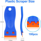 4 Pcs Plastic Razor Blade Scraper and 100 Pcs Blades, Remove Label Decal Tool， Forwithout Scratches Plastic Razor Blade Scraper, Adhesive Remover for Stickers, Gaskets and Paints on Window Car Glass