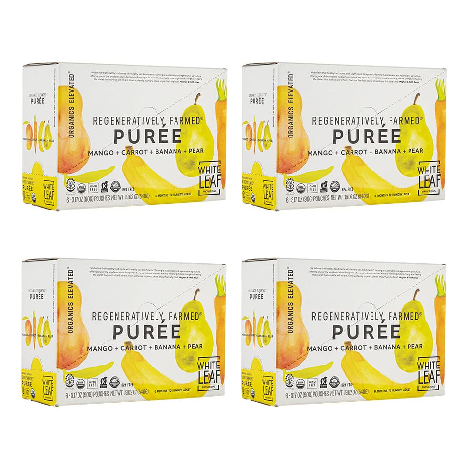 White Leaf Organic Purees / Baby Food Pouches - Fruits, Veggies & Grains, Toddler snack, Regeneratively Farmed, No Added Sugar, Non-GMO, BPA-Free Pouches 3.17 oz (Pack of 24, Mango + Carrot + Banana + Pear)