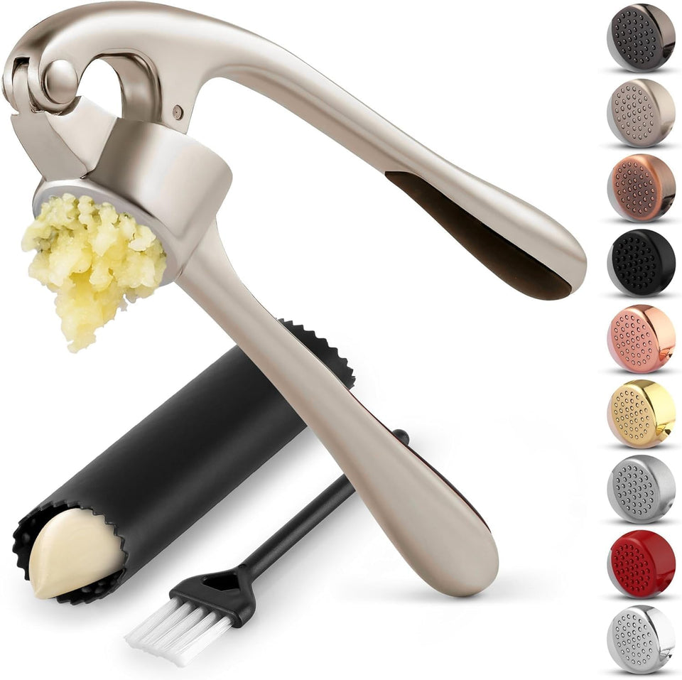 Zulay Kitchen Premium Garlic Press Set - Rust Proof Professional Garlic Mincer Tool - Easy-Squeeze, Easy-Clean with Soft, Ergonomic Handle - Silicone Garlic Peeler & Brush (Silver)