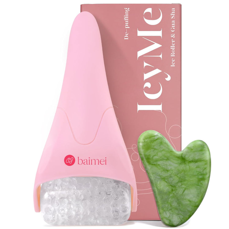 BAIMEI IcyMe Ice Roller for Face and Gua Sha Facial Tool Set, Ice Face Roller Reduces PLffiness Relieves Migraines Skin Care Tools, Self Care for Women - Pink