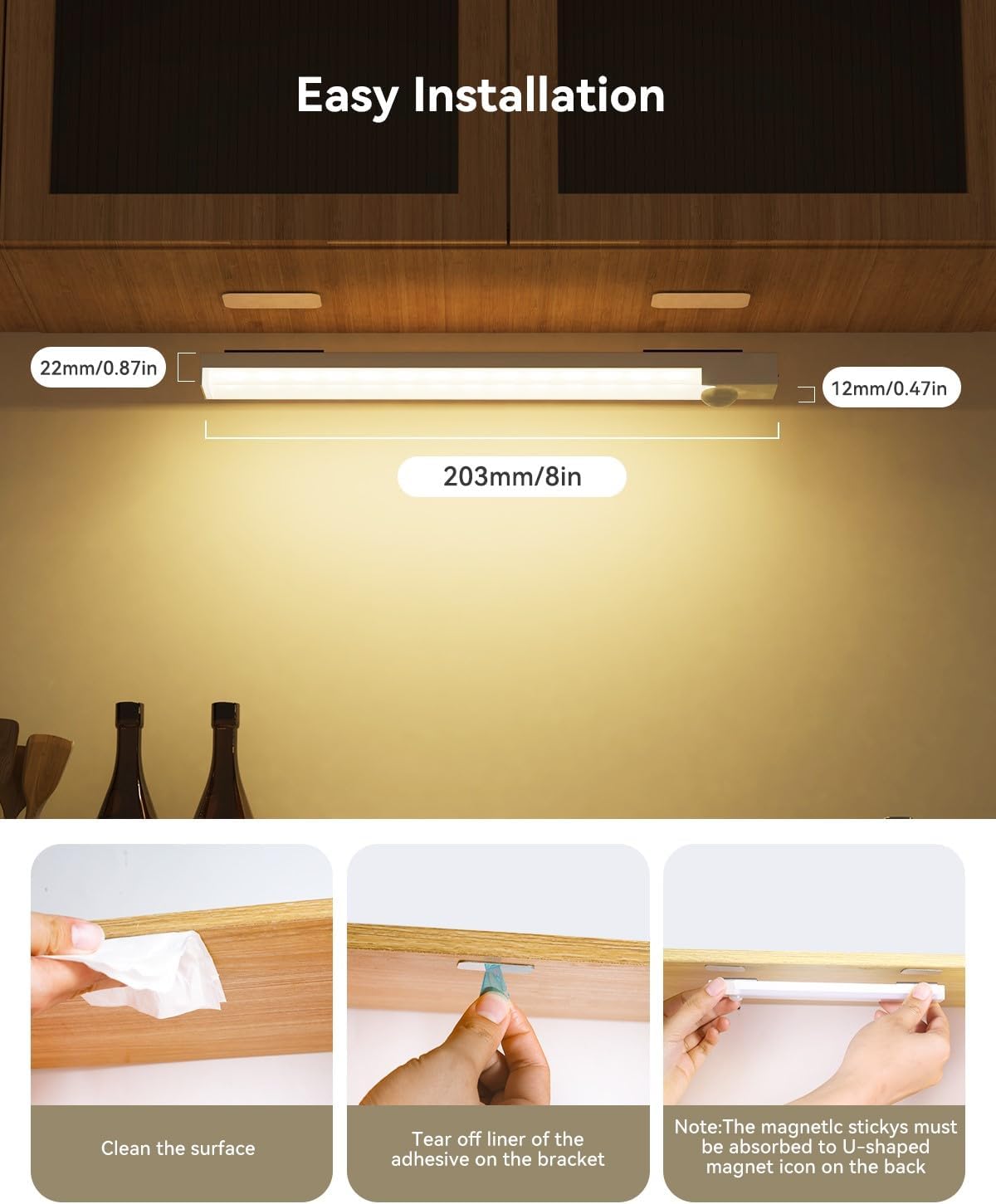 Under Cabinet Lighting 8 Inches Rechargeable Motion Sensor Light Indoor, 3 Color Dimmable Closet Light Battery Operated, USB Stick on LED Magnetic Under Counter Lights for Kitchen Stair, 3 Packs
