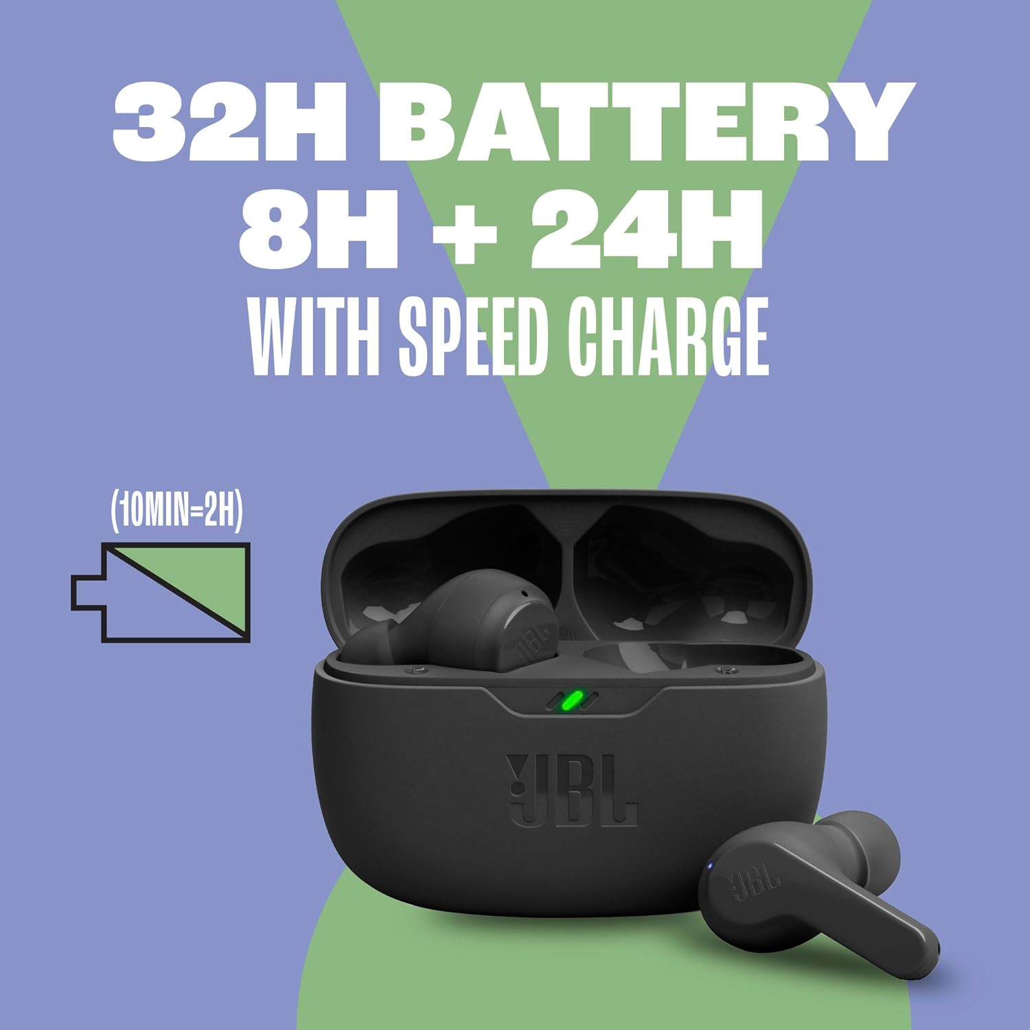 JBL Vibe Beam - True Wireless JBL Deep Bass Sound Earbuds, Bluetooth 5.2, Water & Dust Resistant, Hands-Free Call with VoiceAware, Up to 32 Hours of Battery Life (Black) Search by: Search on ebay Search on Walmart