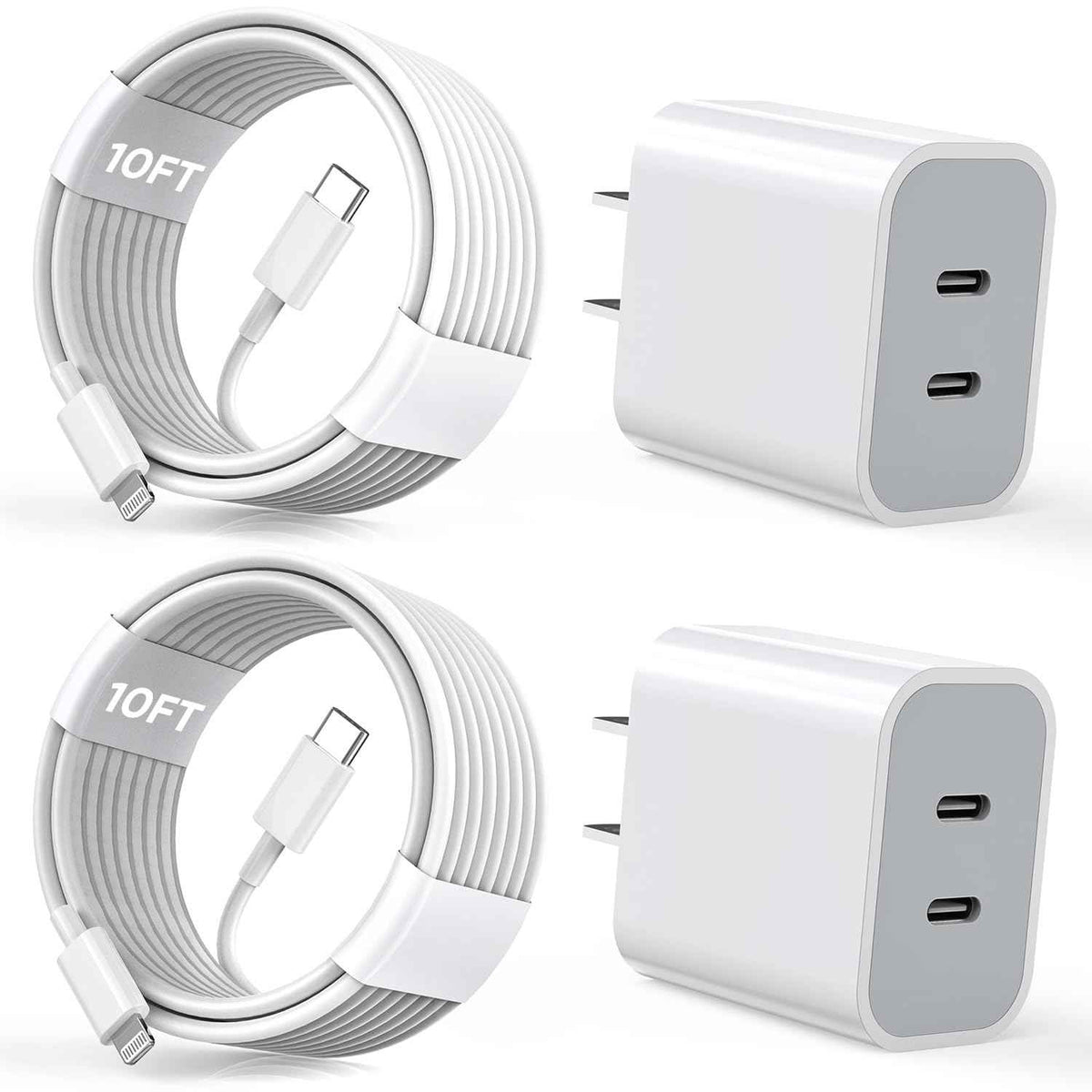 apple mfi certified 10ft iphone fast charger, 2-pack pd dual apple fast charger usbc charge block