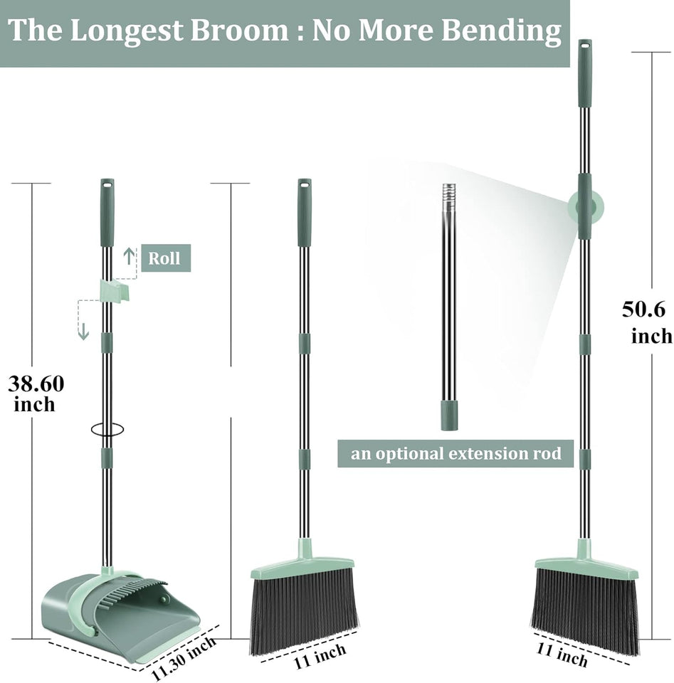 Broom and Dustpan Set for Home, Dust pan with Long Handle, Broom with Dustpan Combo Set, for Home Kitchen Room Office Lobby Floor Use Upright Stand Up Sweeping (Gray&Green)
