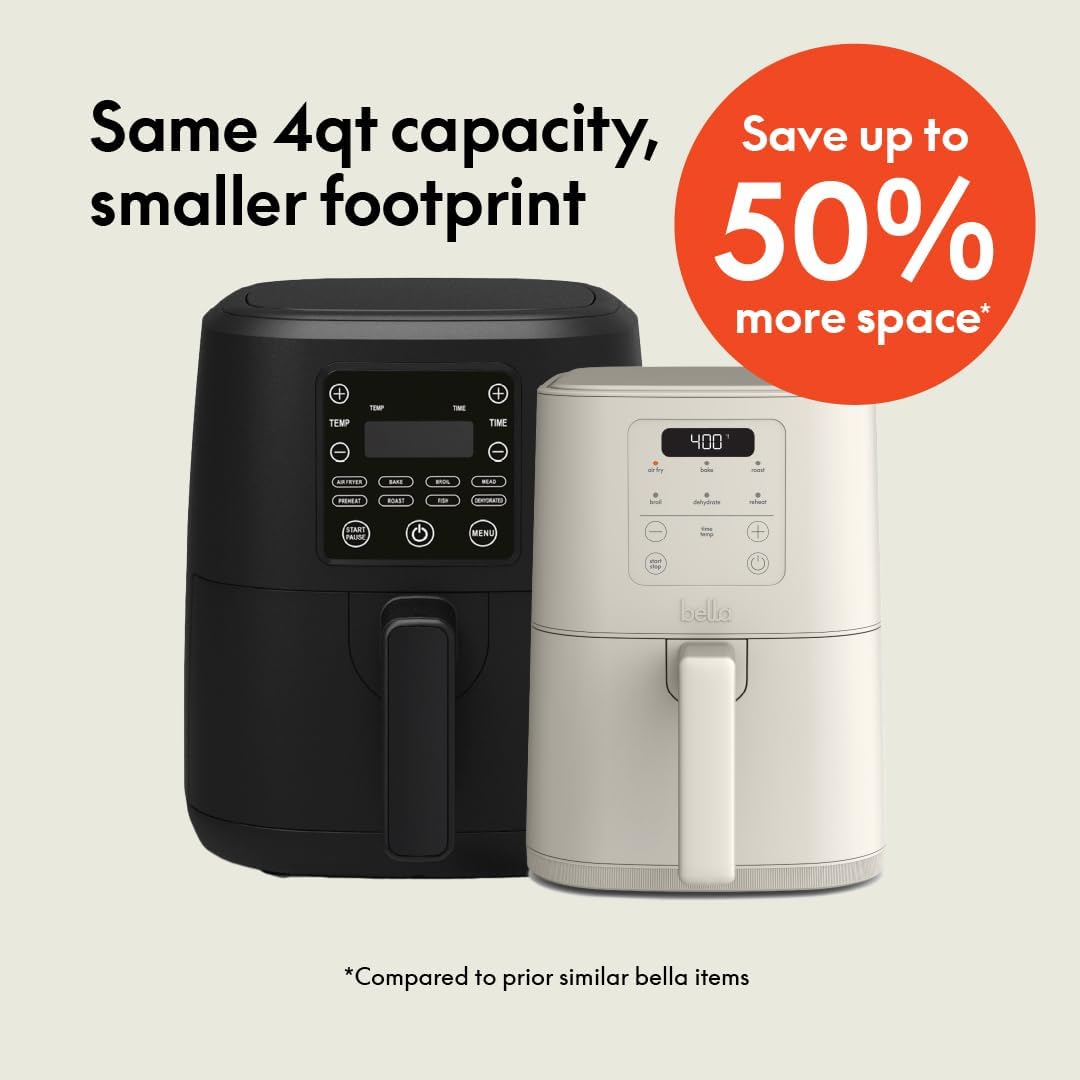 bella 4Qt Slim Air Fryer, Fits-anywhere™ Kitchenware, EverGood™ Ceramic Nonstick Coating, Adjustable Temperature, 6 Preset Cooking Options, 60 Min Auto Shutoff w Audible Tone, 3.3lb Capacity, Oatmilk