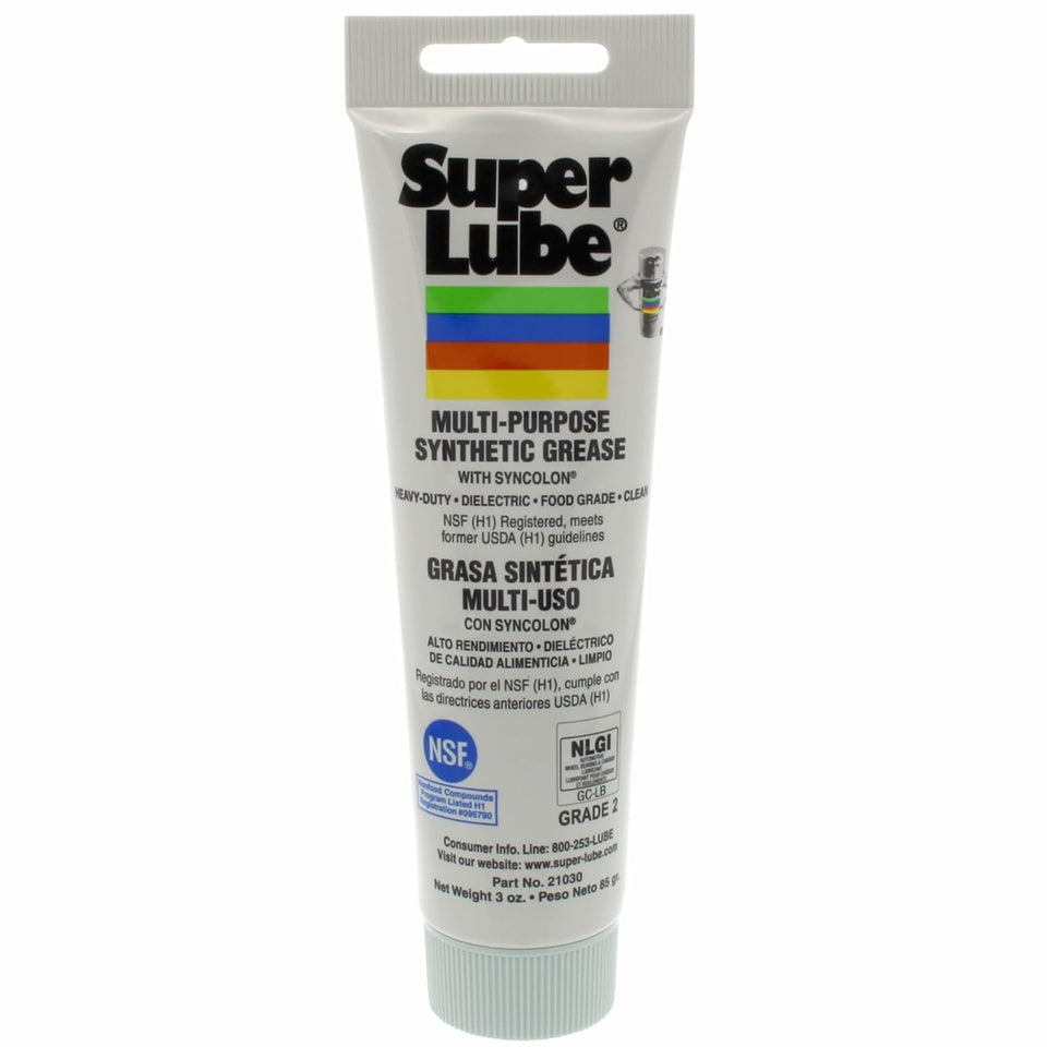 Super Lube Multi-PLrpose Synthetic Grease w/ Syncolon - High Temperature, Water & Corrosion Resistant Grease - Workshop & Industrial Use - Food Grade - Translucent White - Tube - 3 oz (21030)