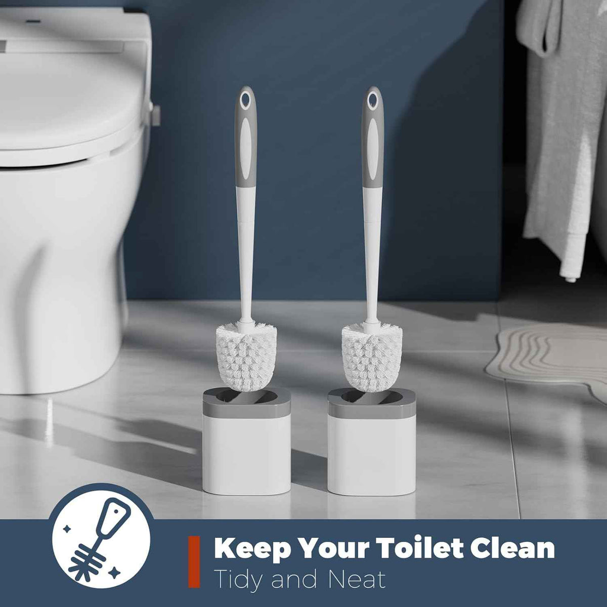 2-Pack Bathroom Toilet Brush Set with Holder, White - Durable Cleaning Bristles for Toilet Bowl