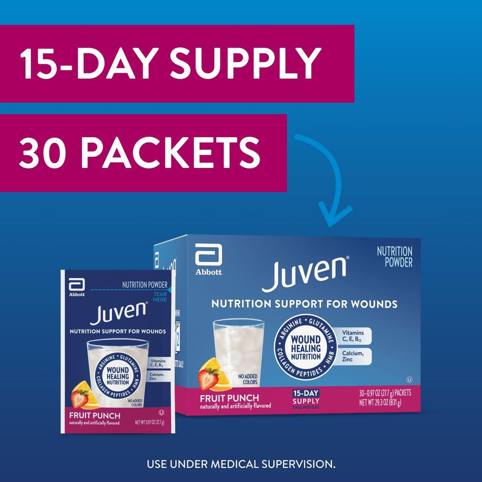 Juven Therapeutic Nutrition Drink Powder Including Collagen Peptides, Amino Acids, and HMB For Wound Healing Support, Fruit PLnch, 30 Packets