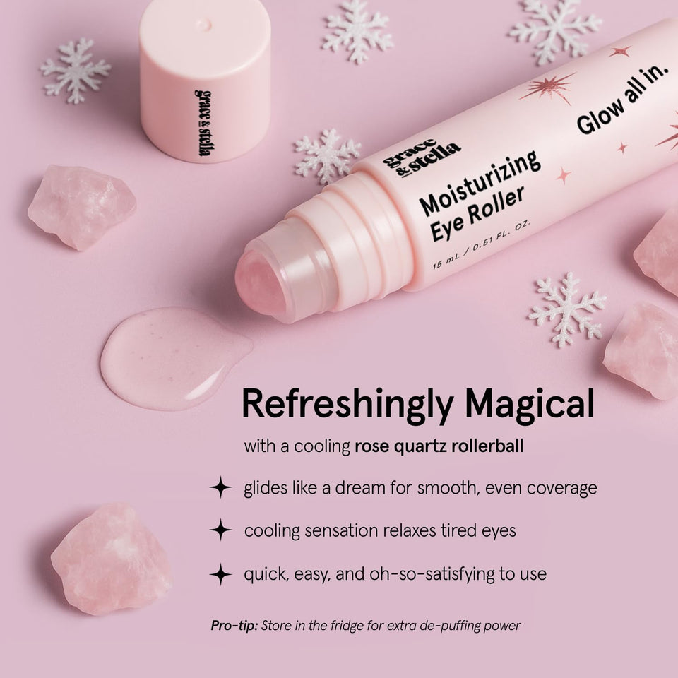 grace & stella Under Eye Brightener with Rose Quartz Rollerball - Centella Asiatica & Caffeine Under Eye Serum for Dark Circles & PLffiness - Travel Essentials, Birthday Gifts for Mom (15ml/0.51floz)