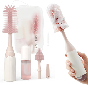 Silicone Baby Bottle Brush Set with Push-Press Foam Dispenser – Portable 3-Piece Cleaning Kit for Breast Pumps, Nipples, and Straws in Pink