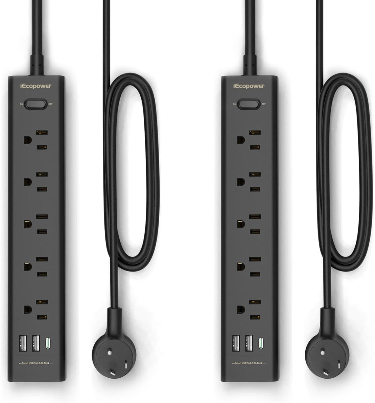 black 2-pack power strip with 5 outlets, 3 usb ports, 1250w surge protector, 5ft cord, wall mount for home office