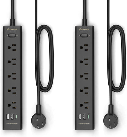 black 2-pack power strip with 5 outlets, 3 usb ports, 1250w surge protector, 5ft cord, wall mount for home office