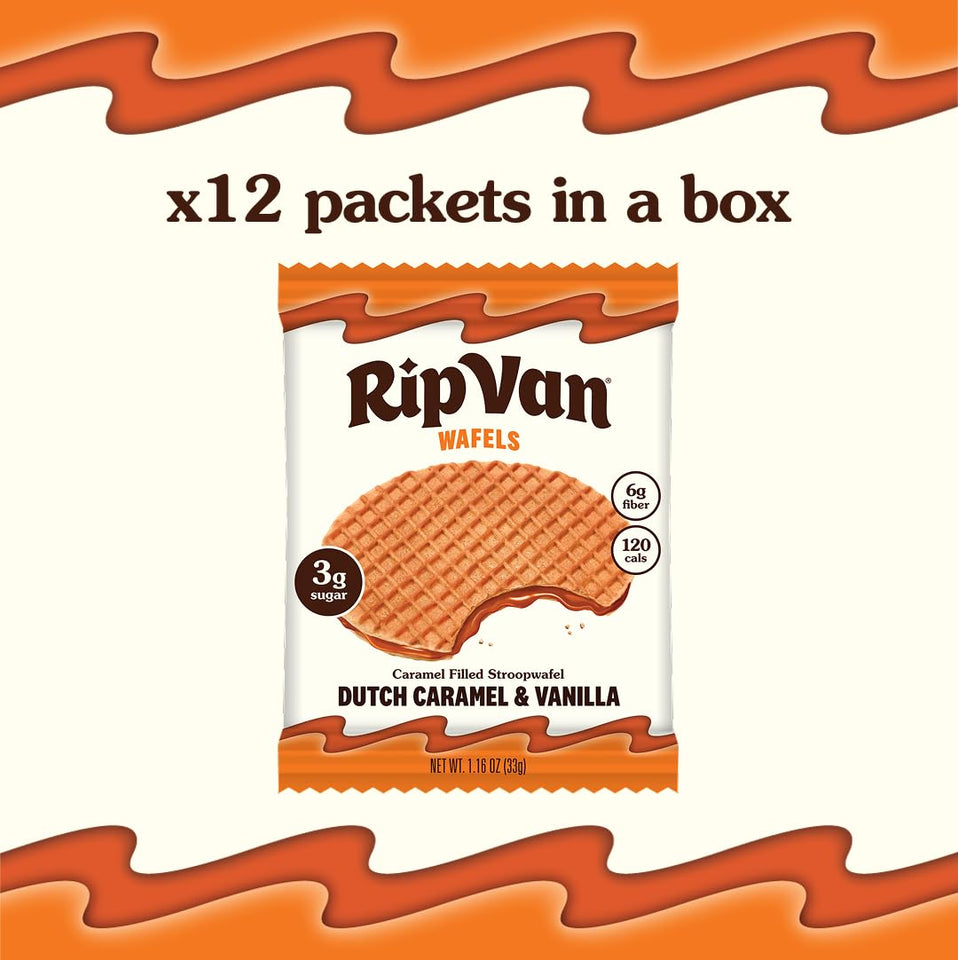 Rip Van Wafels Dutch Caramel & Vanilla Stroopwafels, Healthy Snacks, Non-GMO, Low Calorie, Low Sugar (3g), Office Snacks, Keto Friendly, 12 Count