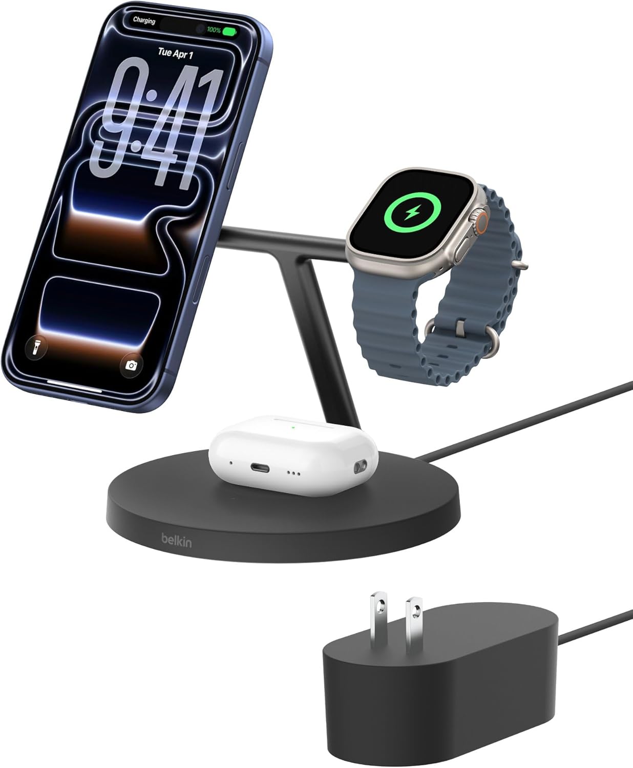 Belkin MagSafe-Compatible iPhone Charger, 3-in-1 Wireless Charging Station, Qi2-Certified 15W Wireless Charge for Apple iPhone 17 Series, Apple Watch, AirPods w/Non-Slip Base, 40W Included - Black