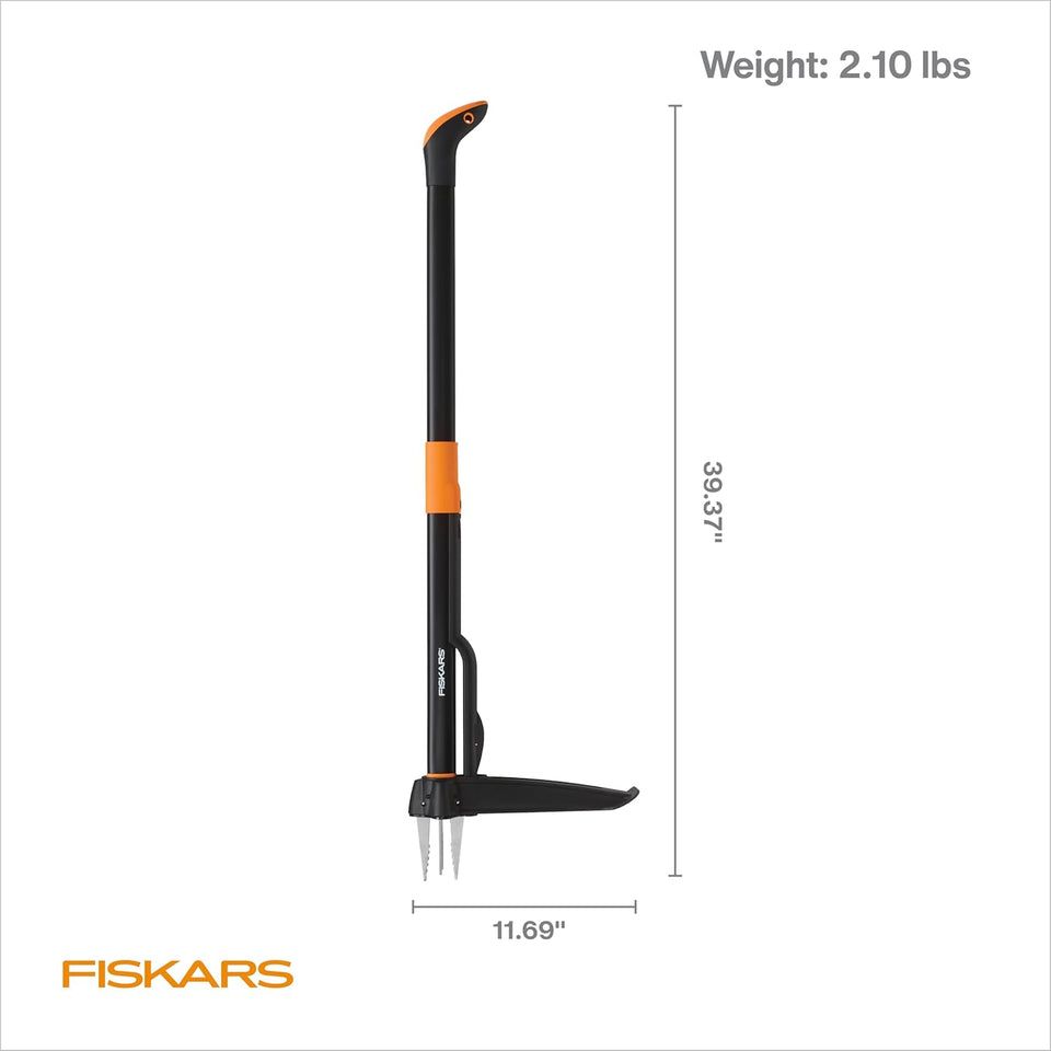 Fiskars Stand-Up Weed PLller Tool, 4 Serrated Stainless Steel Claws Grip Roots for Permanent Removal, Reinforced Foot Platform Penetrates Tough Soil, Easy-Eject & Ergonomic Offset Handle, 39"