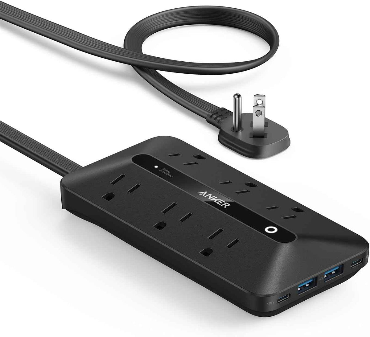 anker 300j flat plug 10-in-1 ultra thin power strip with 6 ac and 3 usb ports, extension cord, desk charging station, 5 feet, black