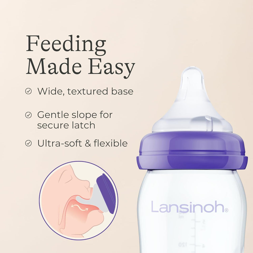 Lansinoh Anti-Colic Glass Baby Bottles, 5 Ounces, 4 Count Bottles for Feeding, Baby Essentials, Includes 4 Slow Flow Nipples, Size S