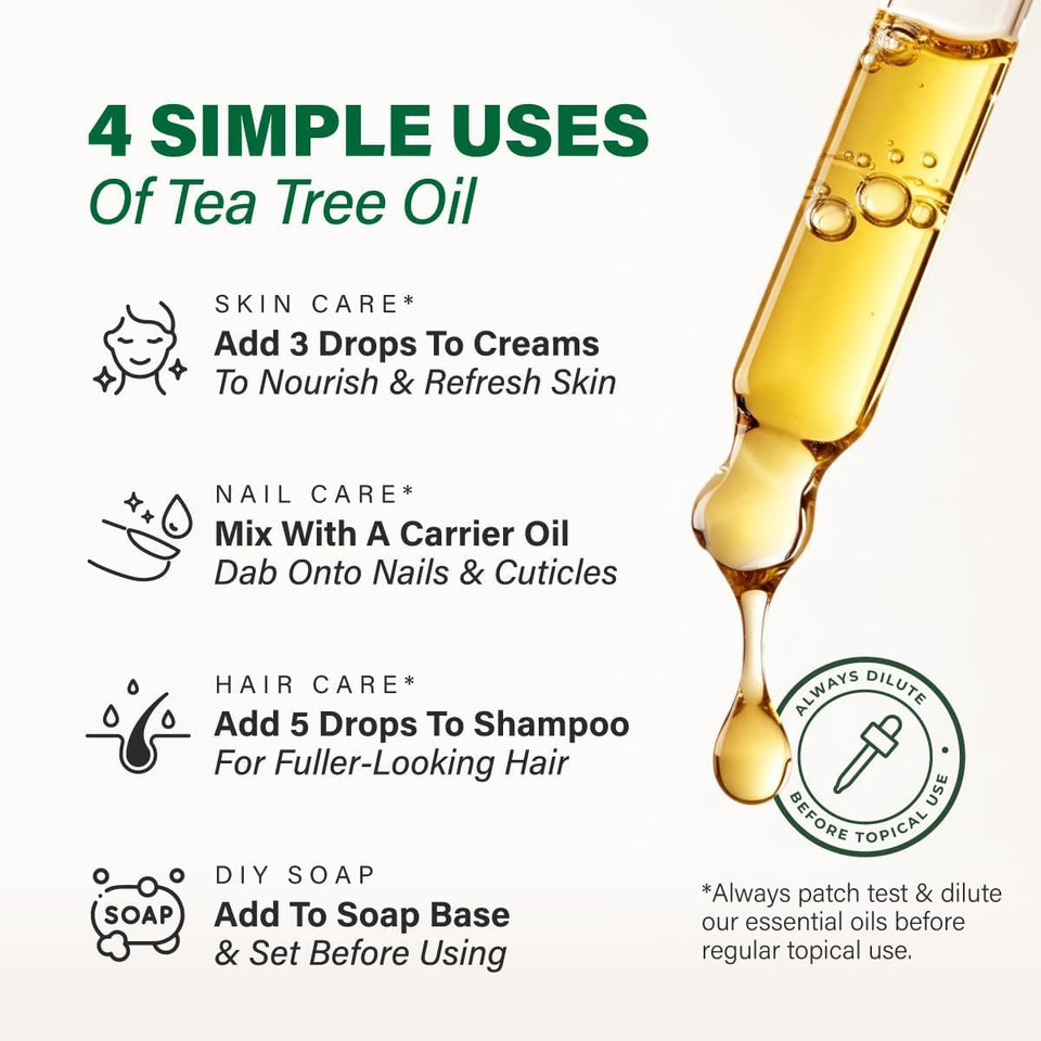 100% PLre Tea Tree Oil - 4 Fl Oz Tea Tree Essential Oil for Hair, Skin, Diffuser, Aromatherapy & DIY Soap Making Scent