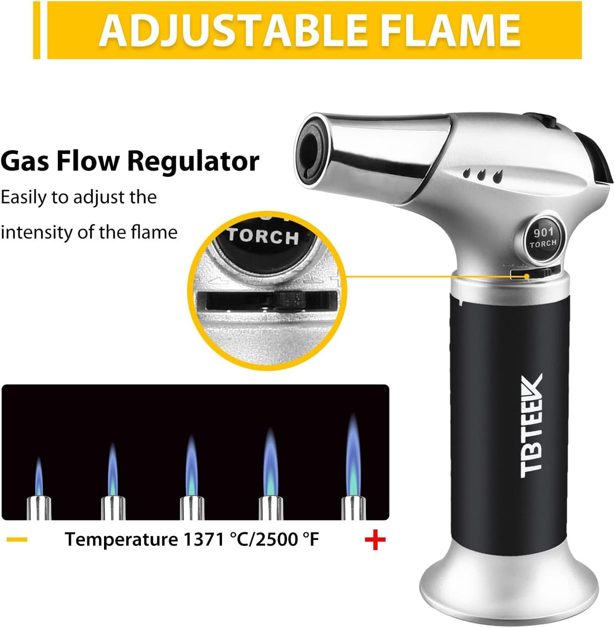 TBTEEK Butane Torch, Kitchen Torch Cooking Torch with Safety Lock & Adjustable Flame for Cooking, BBQ, Baking, Brulee, Creme, DIY Soldering(Butane Not Included)