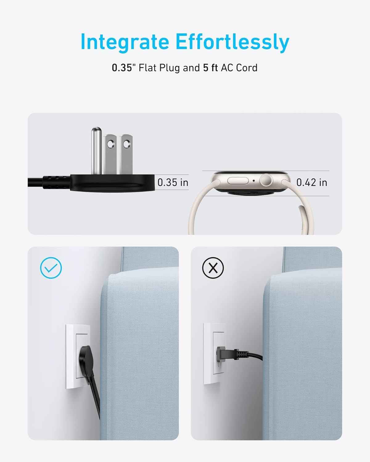 anker 300j flat plug 10-in-1 ultra thin power strip with 6 ac and 3 usb ports, extension cord, desk charging station, 5 feet, black