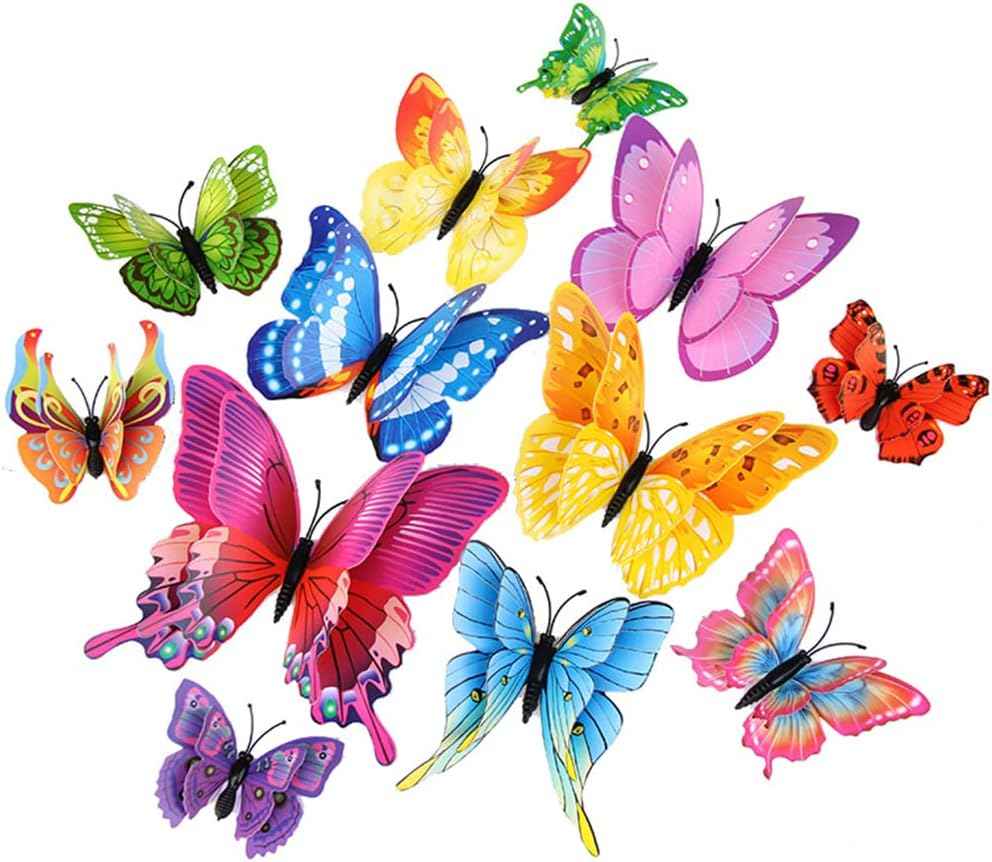 Butterflies Decoration, BOPART 24Pcs 3D Butterfly Decals Stickers for Party Decoration, Blue Butterflies Wall Decor Magnetic Butterfly for Crafts (12 Styles at 4 Sizes in Double Wings)