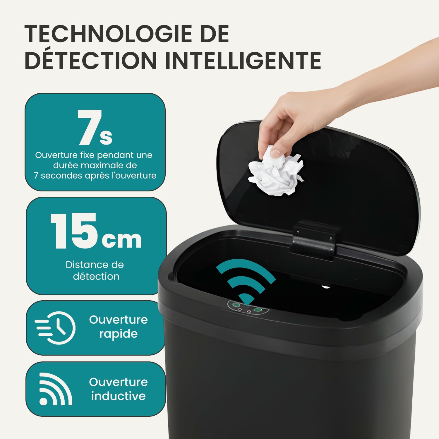 BestOffice | 13 Gallon Trash Can with Lid | Automatic Touchless Garbage Can | Odor Control | Modern Oval Design | Easy to Clean | Plastic | Black | Fits Any Kitchen, Bathroom, Office or Home