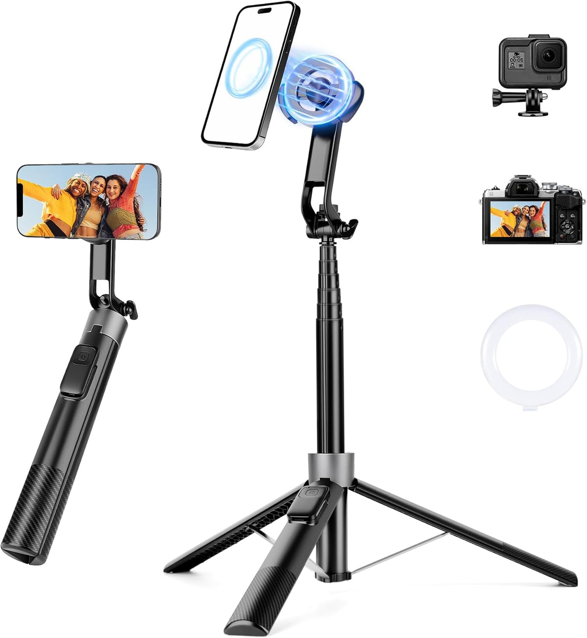 70" Magnetic Phone Tripod, Selfie Stick Tripod for iPhone Magsafe with Rechargeable Remote & 2 in 1 Magnetic Holder, Portable Cellphone Stand for Recording Travel, Compatible with iPhone and Android