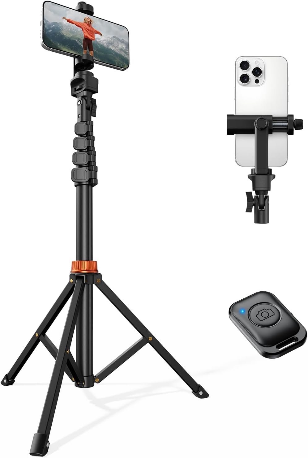 VIMOSE 66" Phone Tripod, Tripod for iPhone with Remote & Phone Stand, Extendable Cell Phone Tripod for Video Recording, Ultimate Tripod & Monopod Accessories for iPhone/Android, Clamp Mount