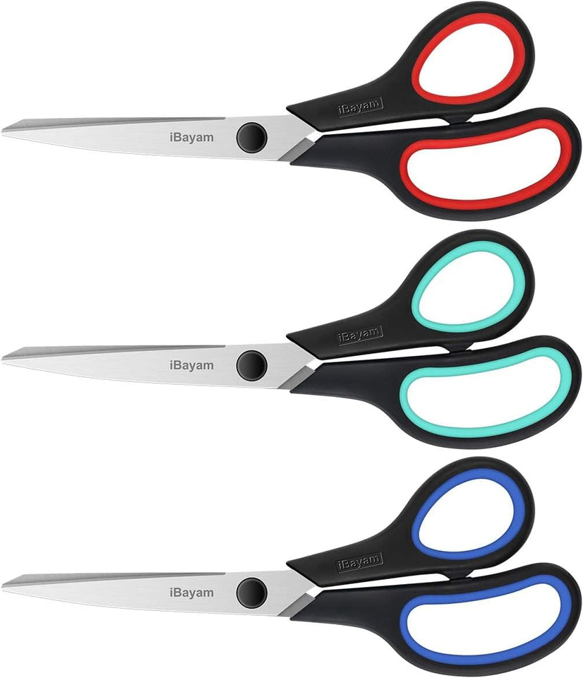 iBayam 3-Pack 8" Heavy Duty Scissors with Ultra Sharp Blades and Comfort Grip Handles - For Office, Home, School, Sewing, and Crafts