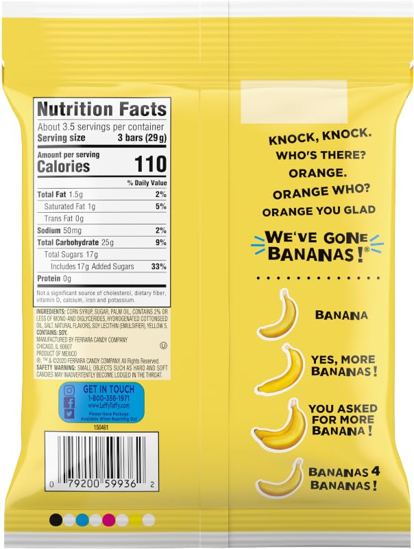 Laffy Taffy Mini Bar Bag, Banana, Chewy Taffy Candy, 3.5 oz