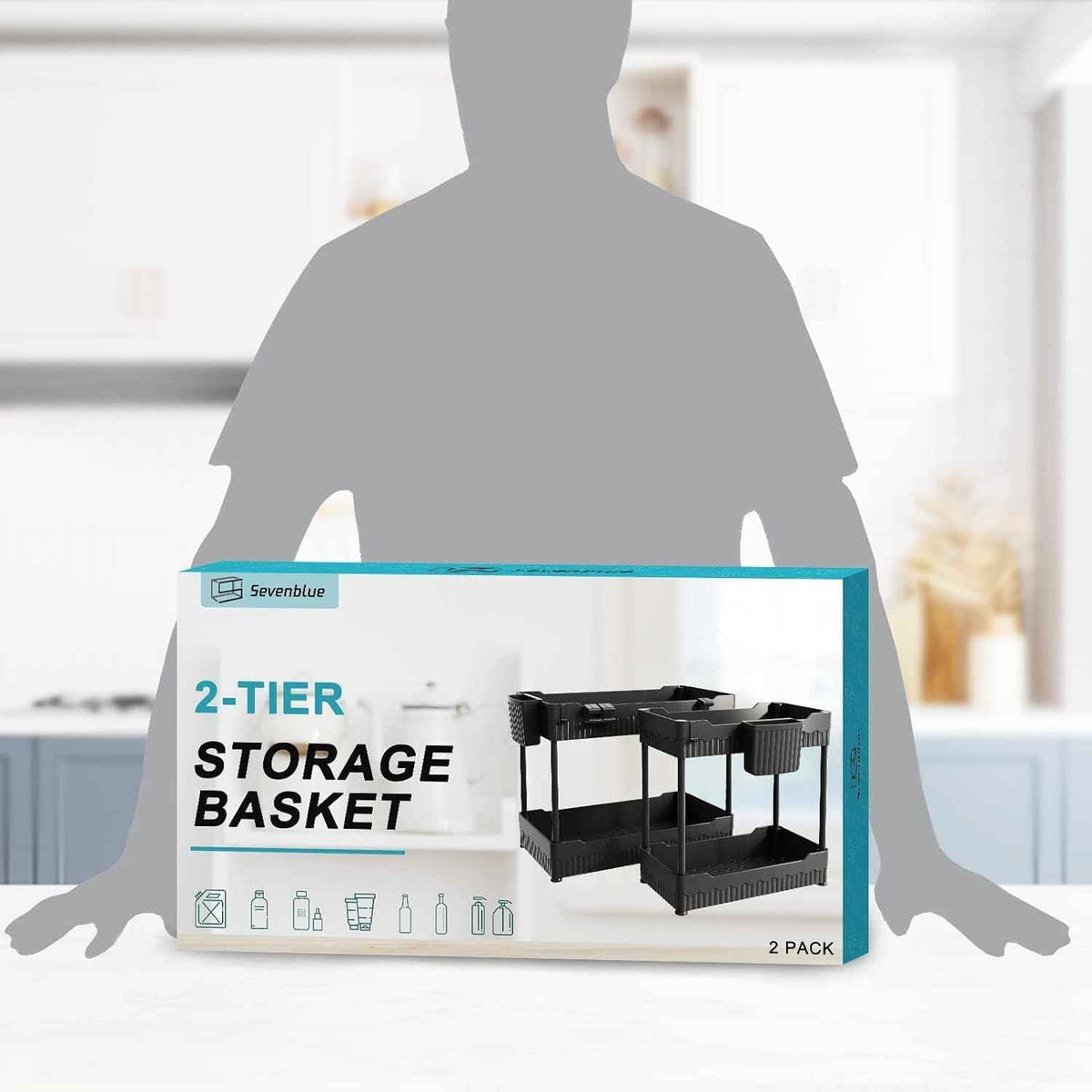 2 Pack Under Sink Organizer, Under Bathroom Cabinet Organizer with Hooks Hanging Cup, Multi-Purpose Storage Shelf for Kitchen Bathroom, Black