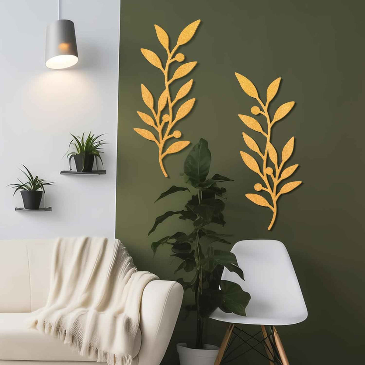 Zzbakress 2 Pieces Wooden Vine Olive Branch Leaf Leaf Wall Decor,Farmhouse Signs for Living Room Decoration (Gold)