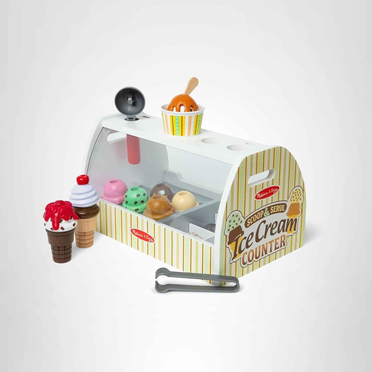Melissa & Doug Wooden Scoop & Serve Ice Cream Counter, Pretend Play Store, 28 Toy Food & Play Kitchen Accessories, Preschool Toys for Girls & Boys 3+