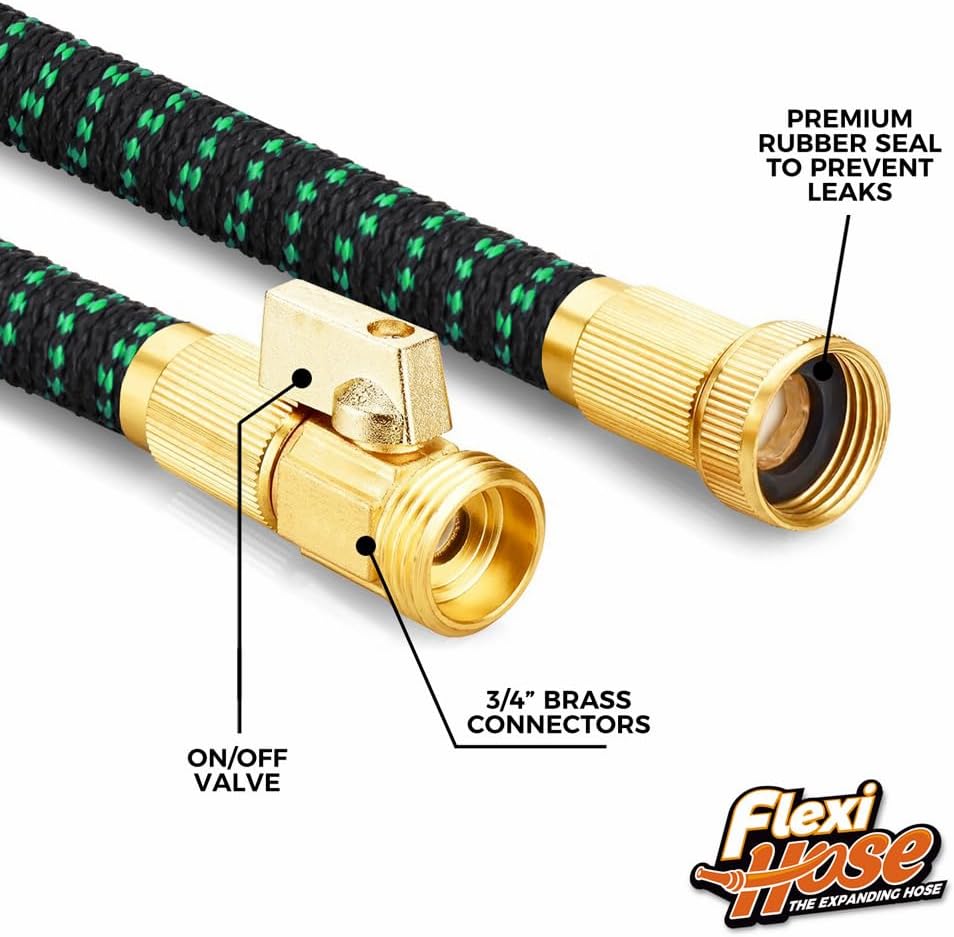 Flexi Hose with 8 Function Nozzle, 50FT - Lightweight Expandable Garden Hose, No-Kink Flexibility, 3/4 Inch Solid Brass Fittings and Double Latex Core - Black and Green