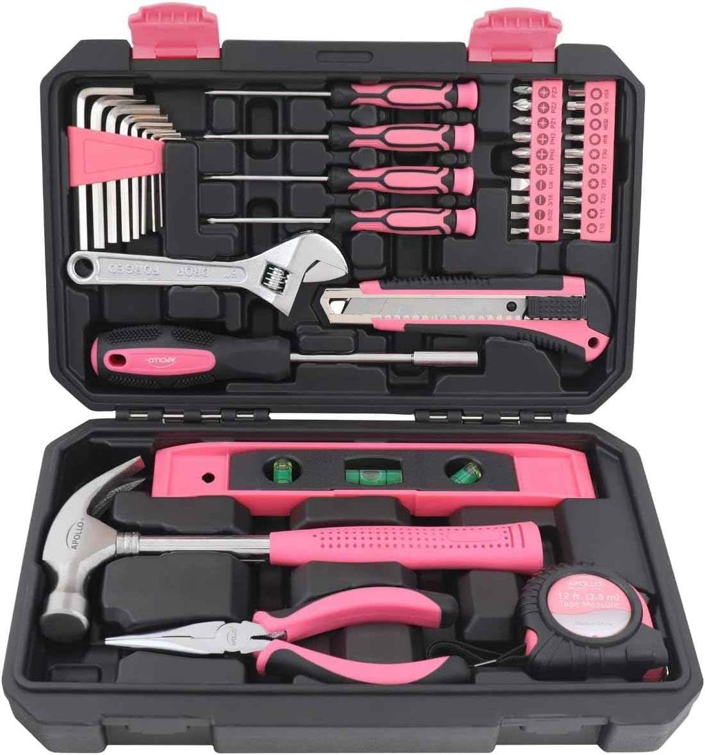 Apollo Tools Original 39 Piece General Household Tool Set in Toolbox Storage Case with Essential Hand Tools for Everyday Home Repairs, DIY and Crafts - Pink Ribbon - Pink - DT9706P